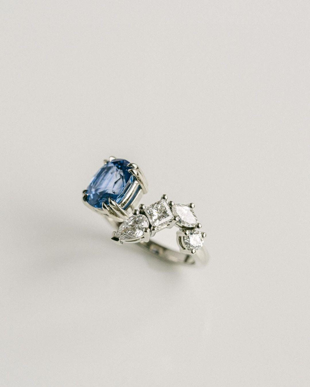 1.50 CT Blue Sapphire Cushion Cut Engagement Ring curved Diamond accents, Moissanite with Sapphire , Moissanite Halo Ring, White Gold Ring - AuraJewelsCA