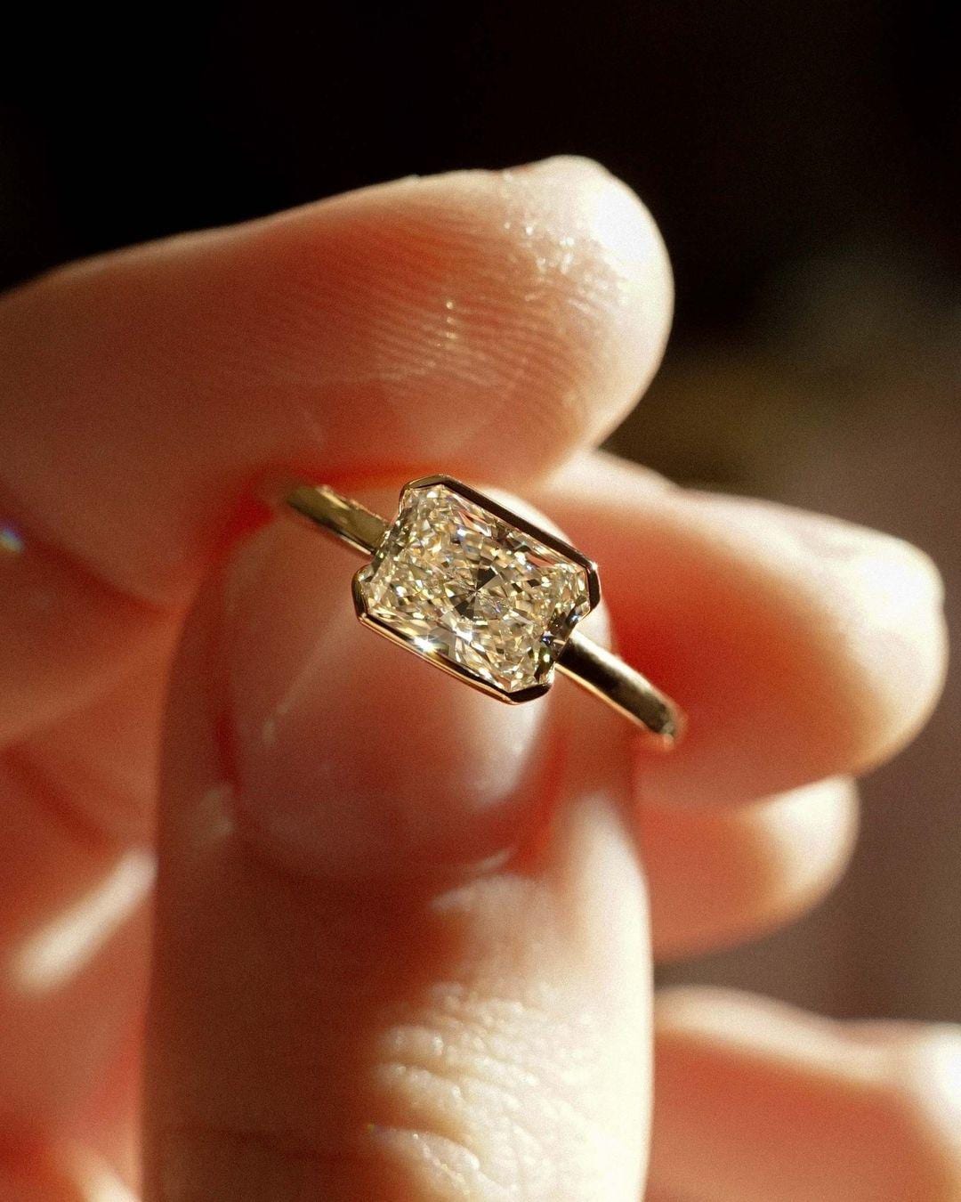 Half Bezel Set 1.75 Ct Radiant Cut Moissanite Engagement Ring, Crushed Ice Radiant Cut Ring, Elongated Radiant, Bezel Set Solitaire Ring