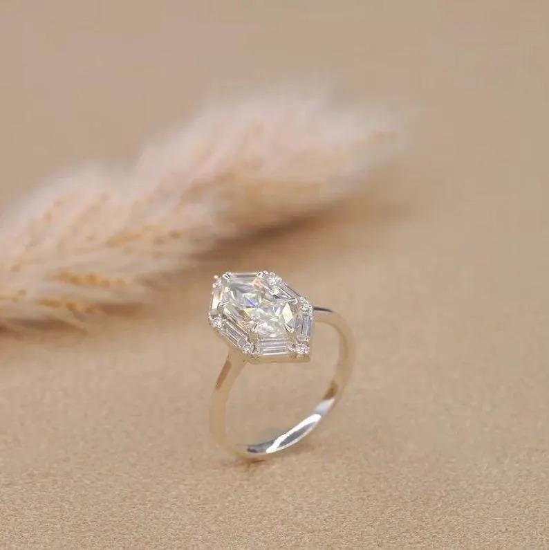 Dutch Marquise Cut Moissanite Diamond Ring with Side Baguette Moissanite Ring, Hexagon Shape Diamond Gold Ring, Dutch Marquise Ring For Her - AuraJewelsCA