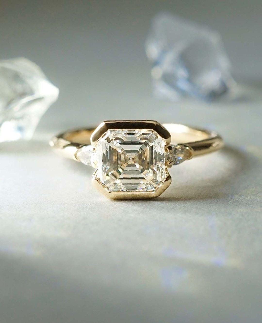 8.0 MM Asscher Cut Moissanite,14k Solid Yellow Gold Asscher Cut Solitaire,Signature Bezel Set,Split Cathedral Shank,Engagement Ring For Gift