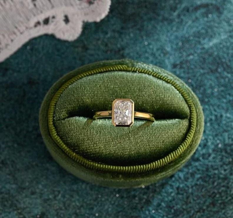 Bezel set crushed ice radiant cut moissanite engagement ring solid gold promise ring anniversary gift for women/wife