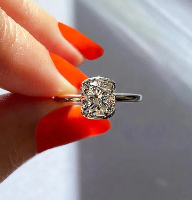 2.50CT Art Deco Cushion Cut Moissanite Solitaire Halo Wedding Ring 14k Solid White Gold Engagement Ring Half Eternity Band Anniversary Gifts
