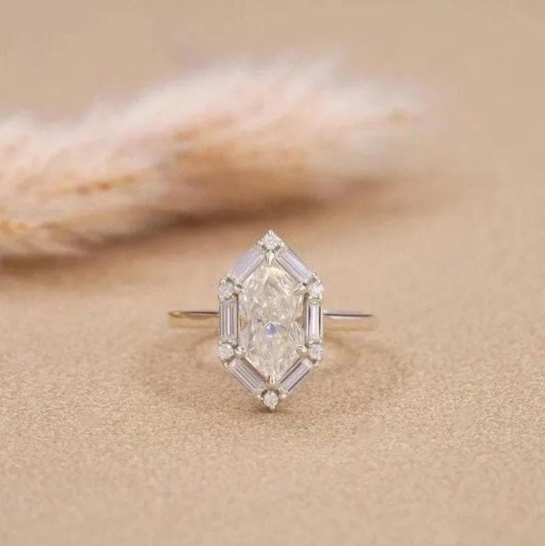 Dutch Marquise Cut Moissanite Diamond Ring with Side Baguette Moissanite Ring, Hexagon Shape Diamond Gold Ring, Dutch Marquise Ring For Her
