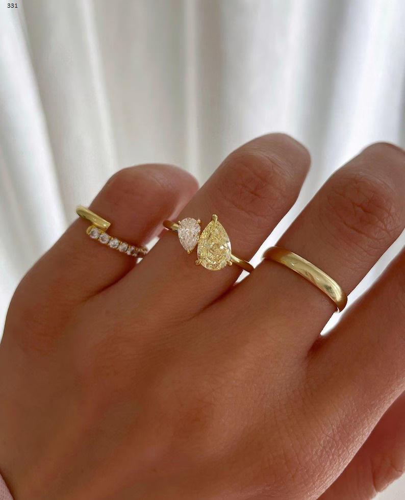 Pear Cut Toi Et Moi Moissanite Ring, Fancy Vivid Yellow Pear Moissanite Engagement Ring, Yellow Gold Anniversary Ring, Two Stone Ring