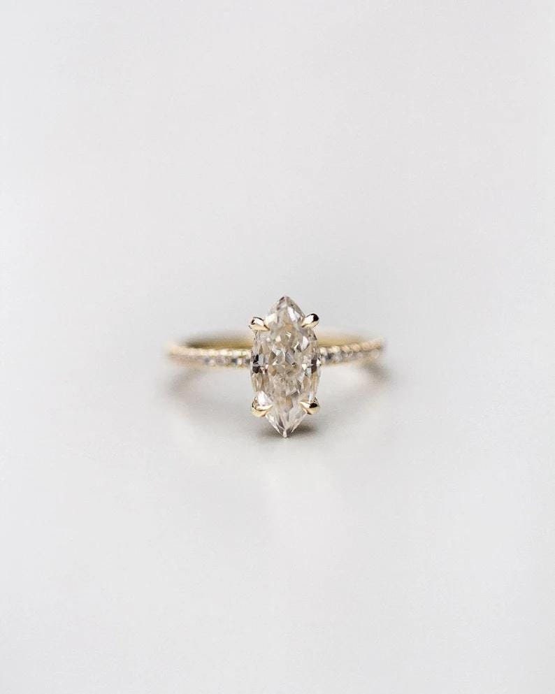 14k Solid White Gold Solitaire Ring-1.85 TC Marquise Cut Moissanite Wedding Ring-6 Claw Prongs-Invisible Halo-Proposal Ring-Anniversary Gift