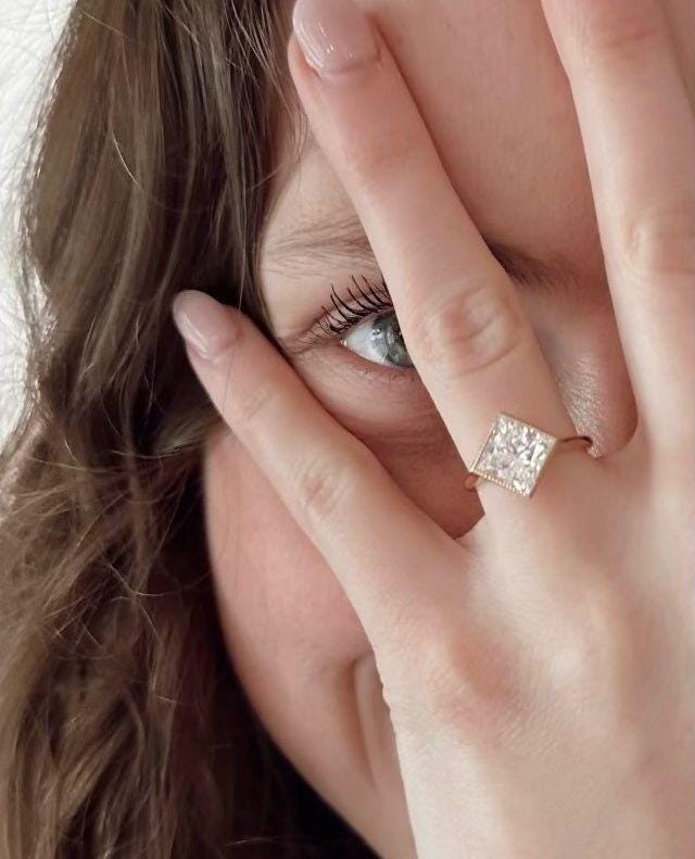 Bezel Set 2.63 Ct Princess Cut Moissanite Engagement Ring, Princess Cut Ring, Square Cut Ring, Bezel Set Ring - AuraJewelsCA