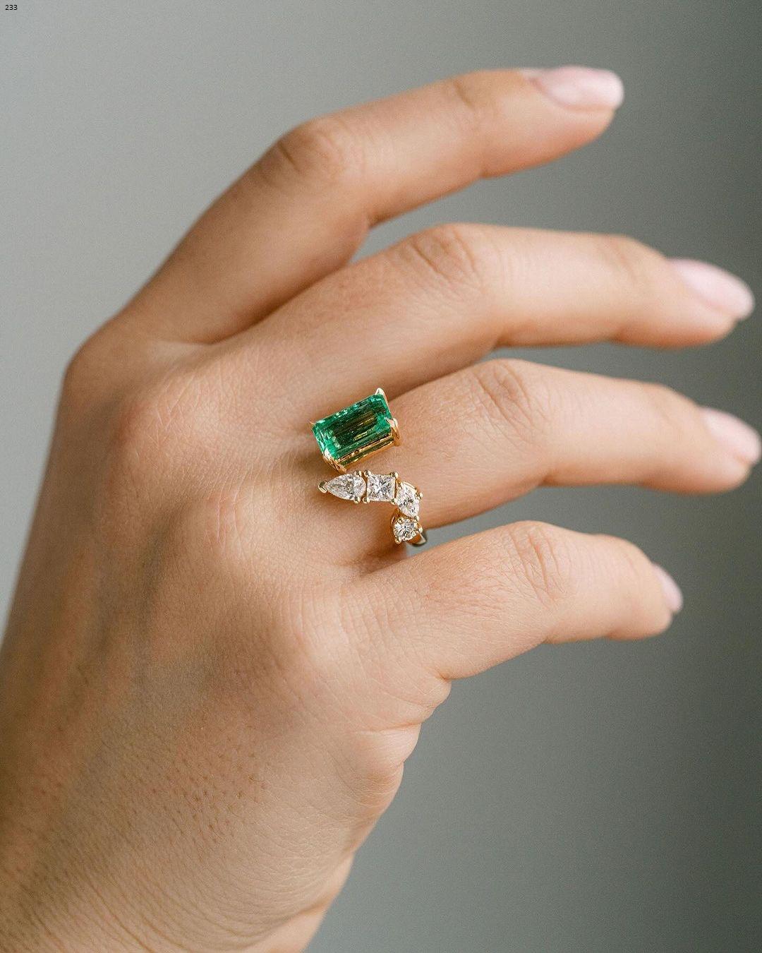 2 CT Green Sapphire Emerald Cut Engagement Ring curved Diamond accents, Moissanite with Sapphire , Moissanite Halo Ring, White Gold Ring