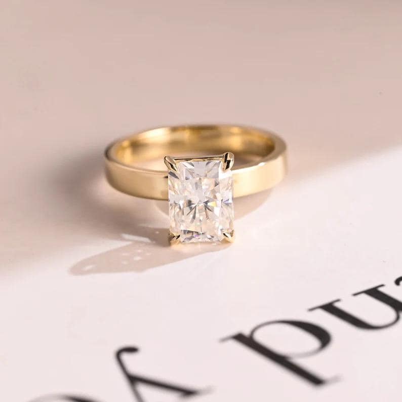 Radiant Moissanite Engagement Ring, 18K Solid Gold 3mm Wide Band Bridal Ring, Promise Ring, Proposal Ring, Anniversary/ Birthday Gift