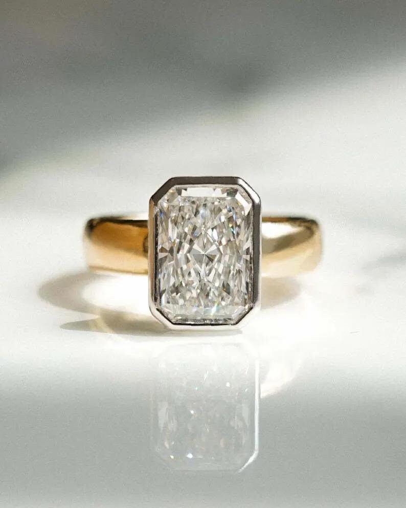 Bezel Set 2.81 Ct Radiant Cut Moissanite Engagement Ring, Crushed Ice Radiant Cut Ring, Elongated Radiant, Bezel Set Ring