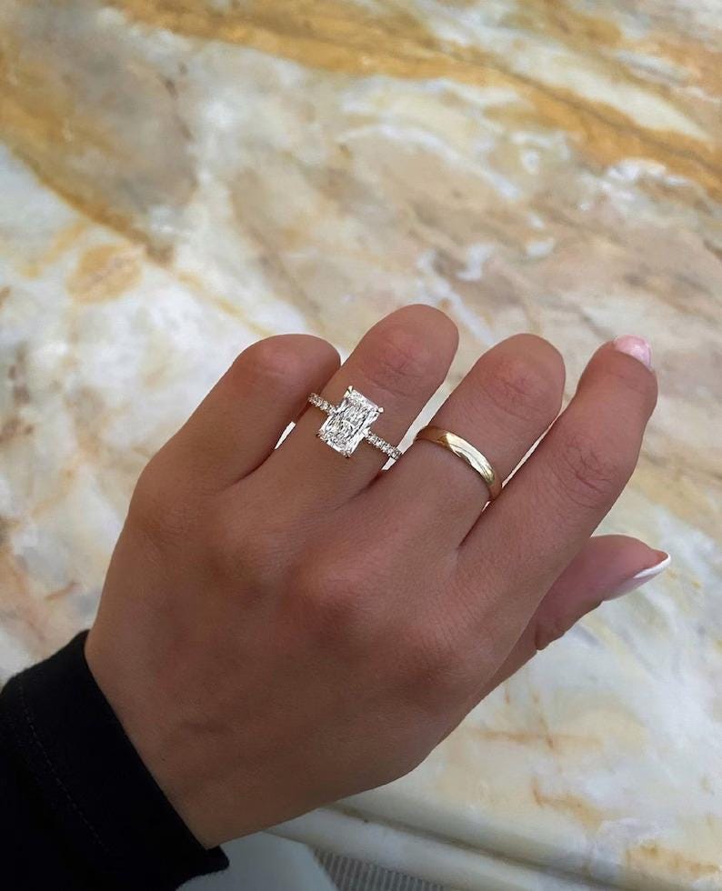 Elongated 3 CT Radiant Cut Moissanite Engagement Ring, Solitaire Wedding Ring, Hidden Halo Ring, Half Eternity Ring, Anniversary Gifts/Ring