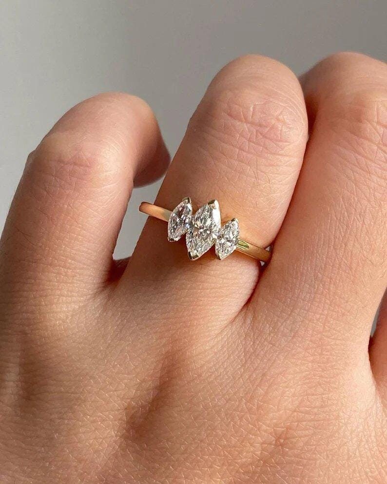 1.50 CT Marquise Cut Moissanite Engagement Ring-14k Solid Gold Three Stone Ring-Bridal Promise Ring-Art Deco Anniversary Gifts/Ring For Her