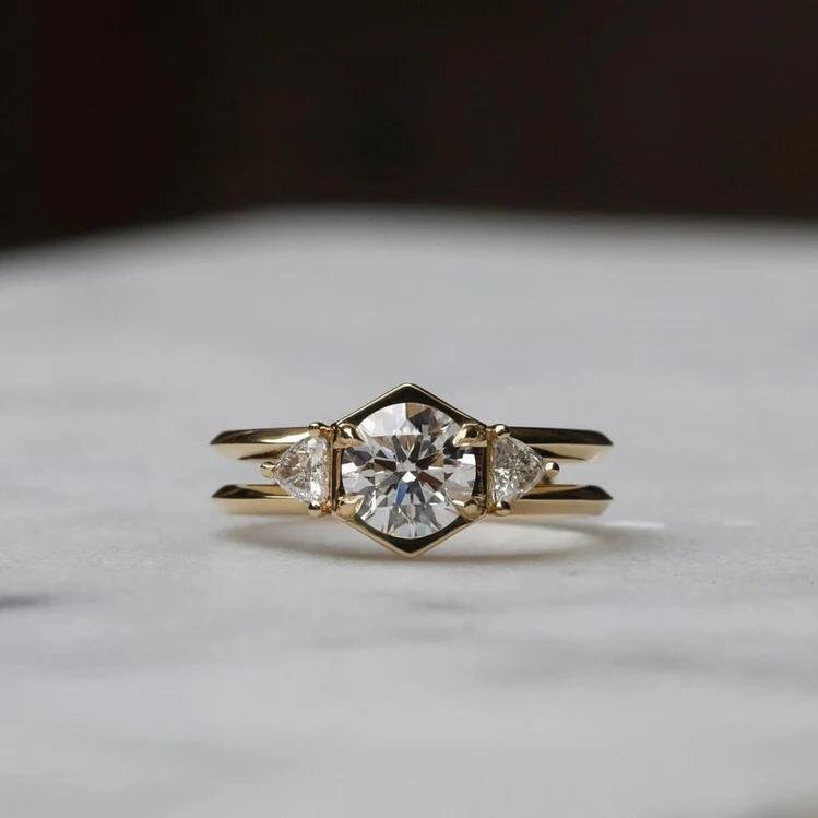 Antique 1 CT Hexagon Round  Cut Trilogy • Trillian Cut Side Stones • Colorless Moissanite • 14k Solid Rose Gold Ring • Statement Ring
