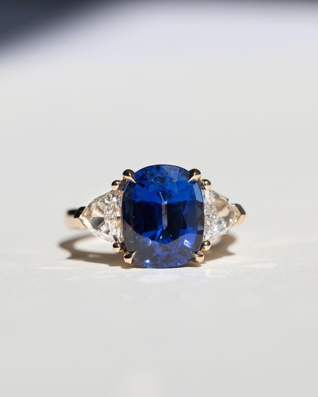 Three Stone Blue Sapphire Cushion Cut Engagement Ring, Cadillac Moissanite with Sapphire Ring, Moissanite Halo Ring, White Gold Ring