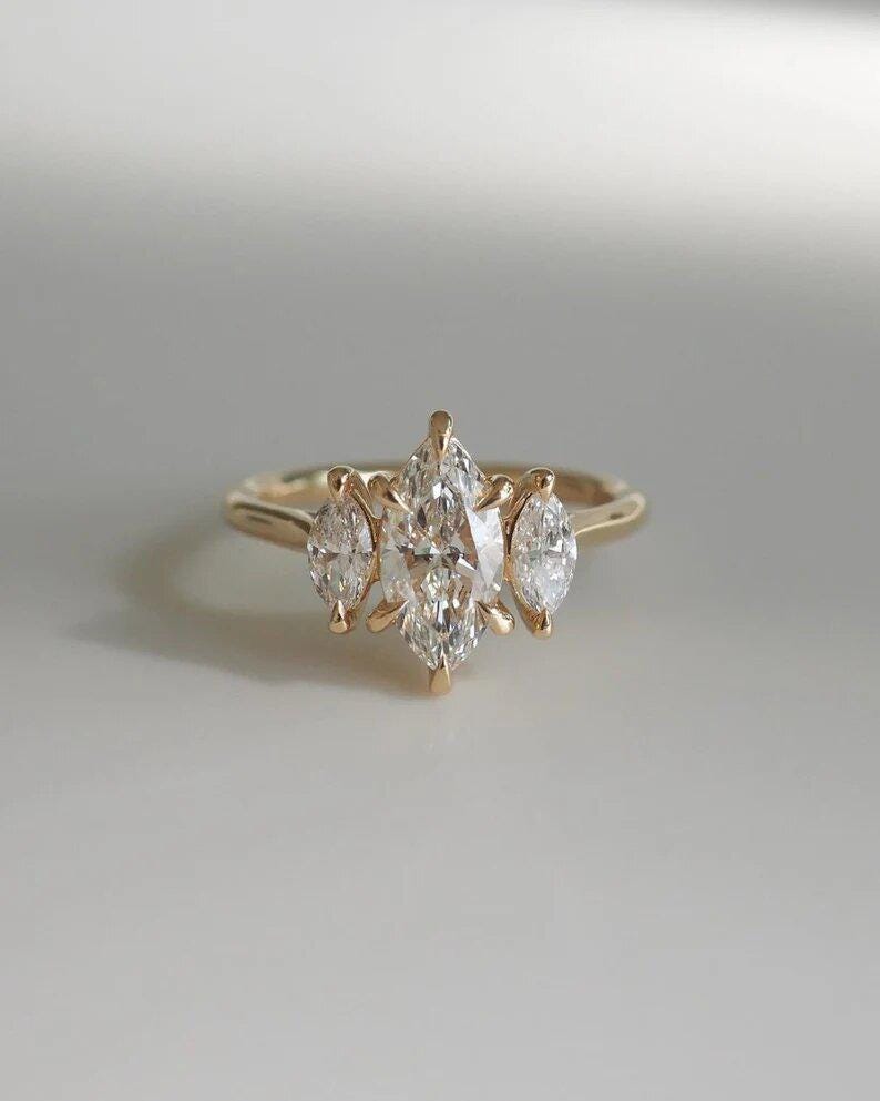 1.54 Ct Marquise Cut Moissanite Engagement Ring, Wedding Ring, Marquise Cut Ring, Elongated Marquise, Three Stone Ring