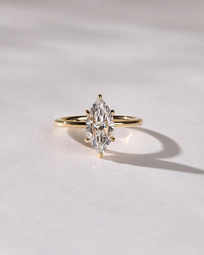1.5 CT/6 Prongs Marquise Moissanite Engagement Ring, Classic Marquise Cut Solitaire Ring, Hidden Halo Wedding Ring, Delicate Proposal Ring