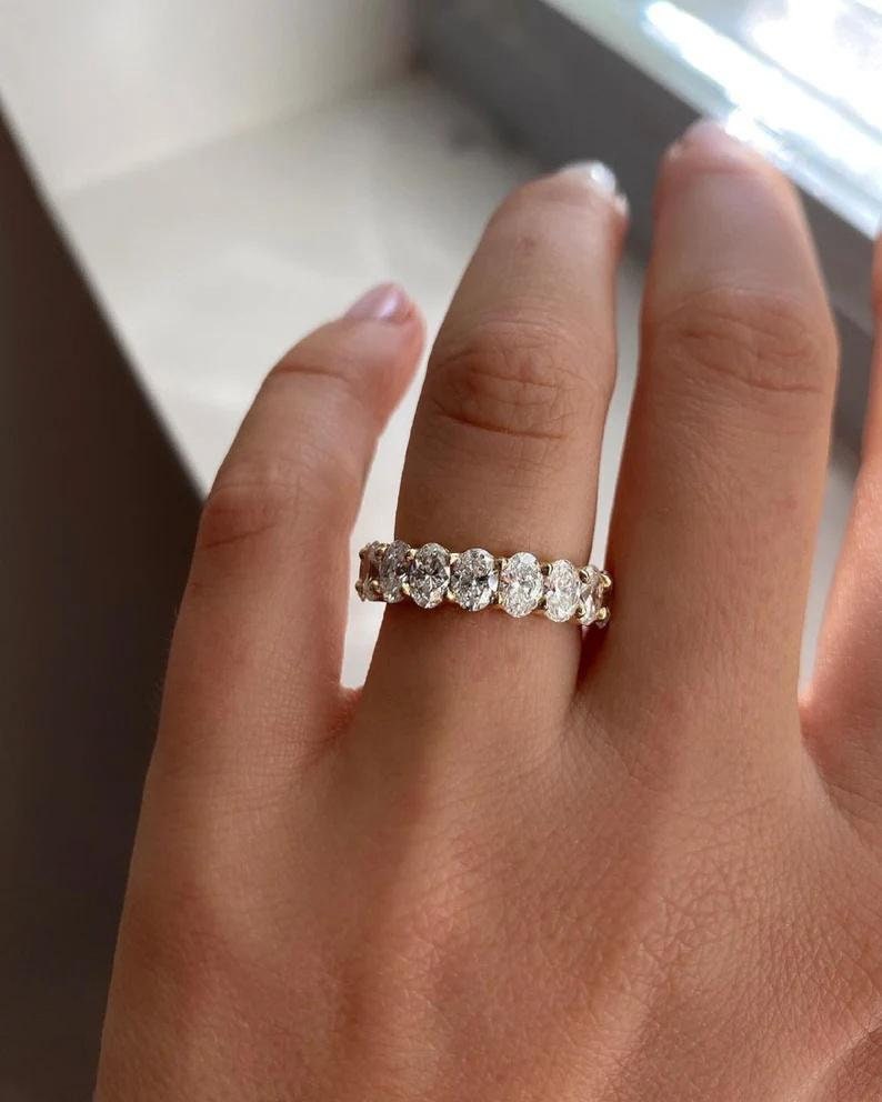 1.35 TC Oval Cut Moissanite Wedding Band-Oval Cut Half Eternity Band-14k Solid Yellow Gold-Matching Band-Oval Stacking Band-Wedding Jewelry