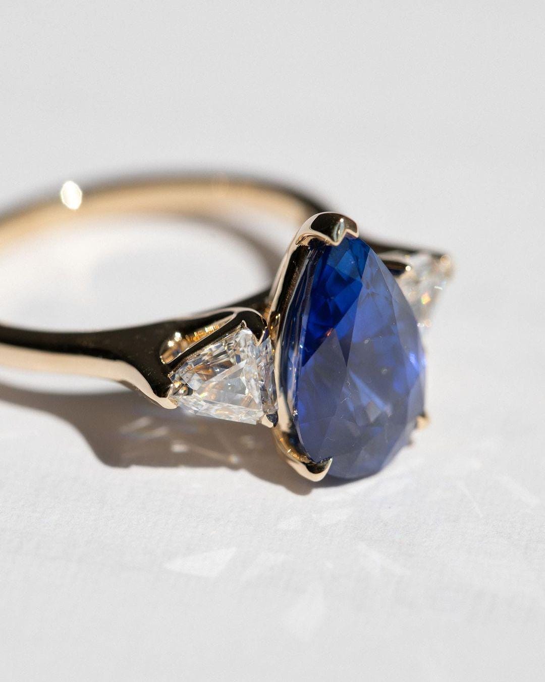 Three Stone Blue Sapphire Pear Cut Engagement Ring, Triangle Moissanite with Sapphire Ring, Moissanite Halo Ring, White Gold Ring