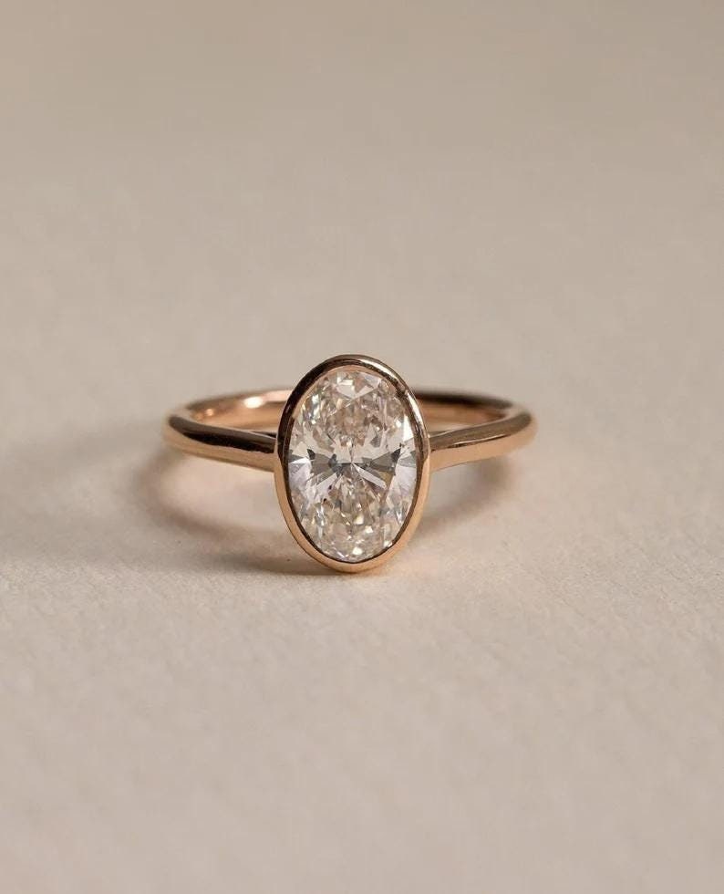 1.5 CT Oval Cut Bezel Set Ring,Unique Tulip-Bezel Setting,Oval Solitaire Ring,14k Yellow/White/Rose Gold Jewelry,Dainty Bridal Ring,In Trend