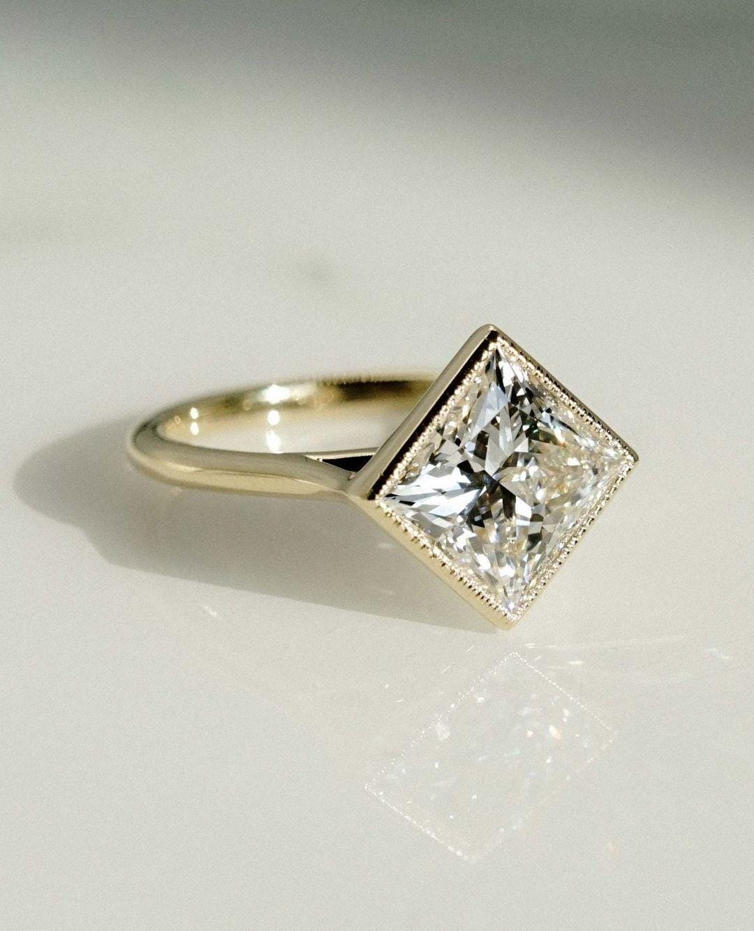Bezel Set 2.63 Ct Princess Cut Moissanite Engagement Ring, Princess Cut Ring, Square Cut Ring, Bezel Set Ring - AuraJewelsCA
