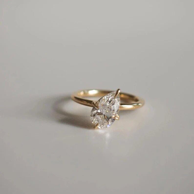 Pear Moissanite Ring, Solitaire Diamond Ring, Handmade Wedding Ring 14K Gold Jewelry, Prong Set + Thin Band, Minimalist Ring for Her
