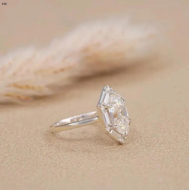 Dutch Marquise Cut Moissanite Diamond Ring with Side Baguette Moissanite Ring, Hexagon Shape Diamond Gold Ring, Dutch Marquise Ring For Her - AuraJewelsCA