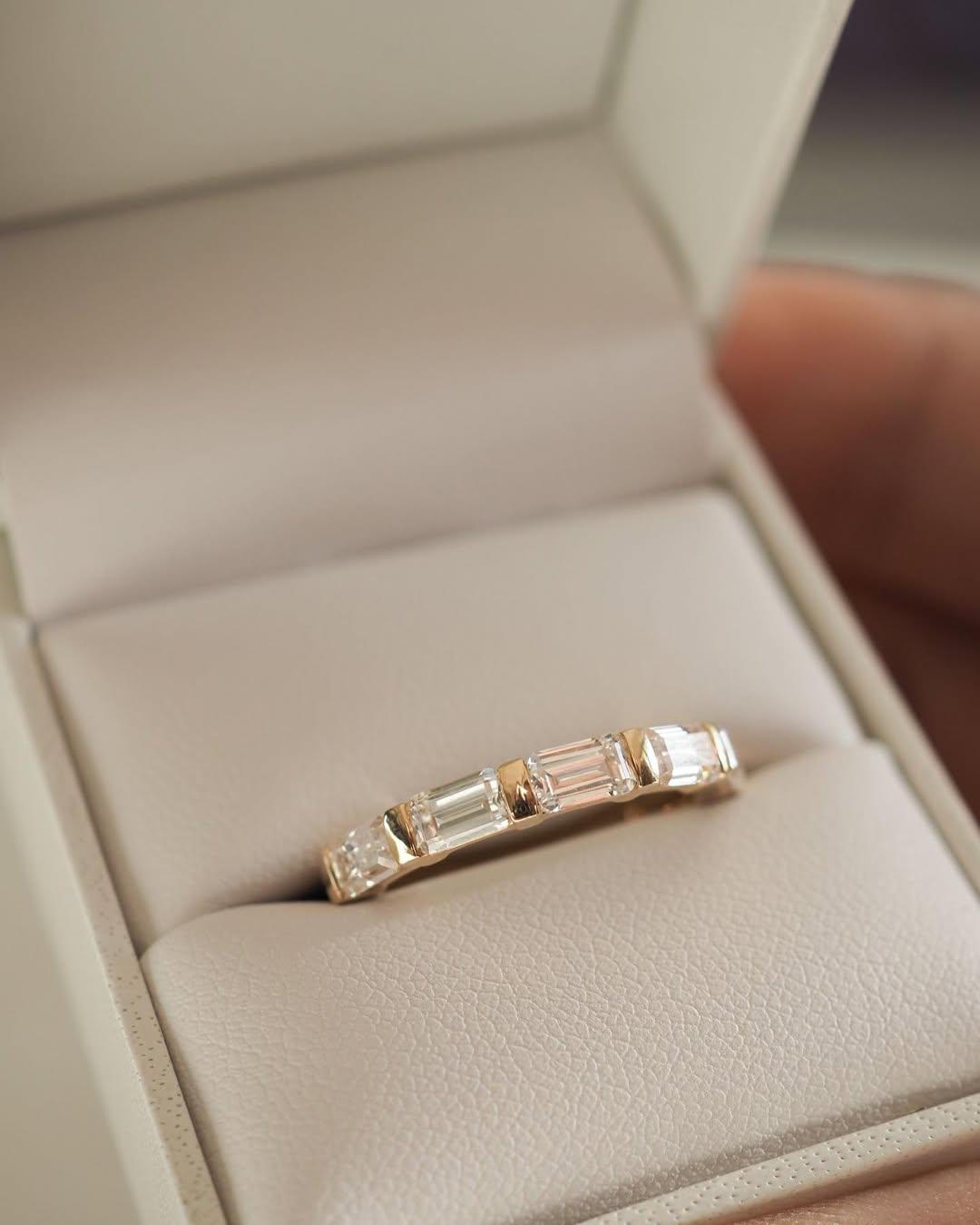 Dainty Baguette Stacking Ring, Gold Minimalist Ring, Moissanite Ring, Thin Ring, Gift for Her, Delicate Solid 14K white gold wedding band