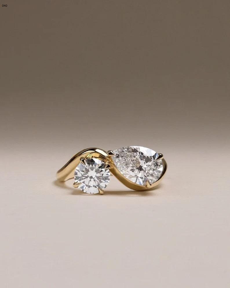Art Deco Twisted Shank Toi Et Moi Engagement Ring, Pear and Round Cut Moissanite Two Stone Wedding Ring, Double Stone Ring, Anniversary Ring