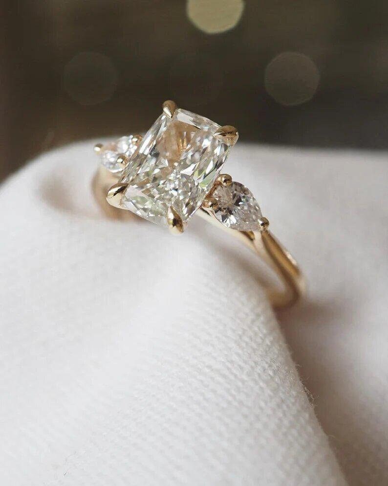 2.21 TC Elongated Cushion Cut Moissanite Trilogy,Hybrid Iced Out Cushion,Pear Side Stones,Cushion Cut Three Stone Ring,Wedding Proposal Ring