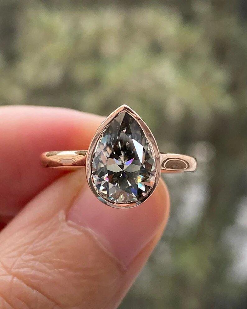 Grey 2 Ct Elongated Pear Cut Moissanite Engagement Ring , Pear Cut Ring, Moissanite Engagement Ring, Grey Pear Engagement Ring