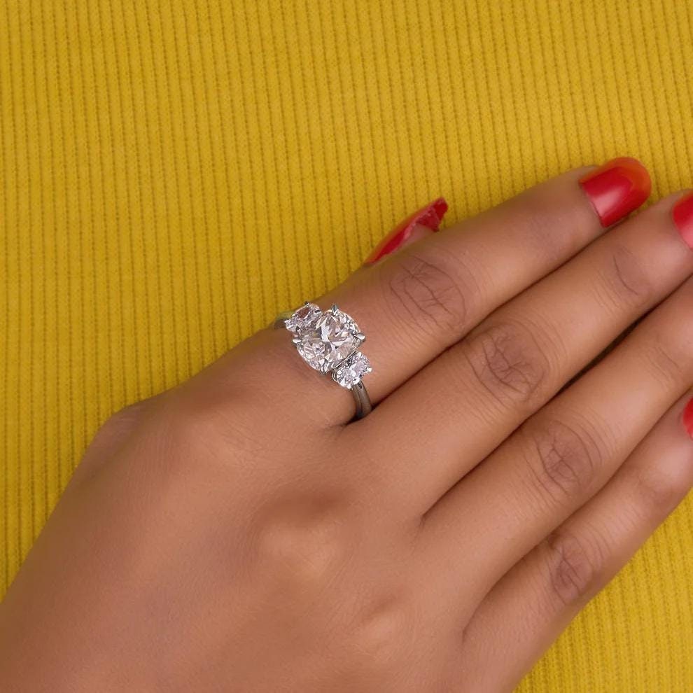 2.15 TC Crushed Ice Cushion Cut Moissanite Ring-Three Stone Ring-Oval Cut Sides-14k Solid Yellow Gold- Straight Band-Gift For Bride