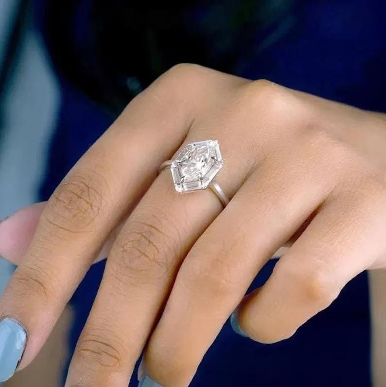 Dutch Marquise Cut Moissanite Diamond Ring with Side Baguette Moissanite Ring, Hexagon Shape Diamond Gold Ring, Dutch Marquise Ring For Her - AuraJewelsCA