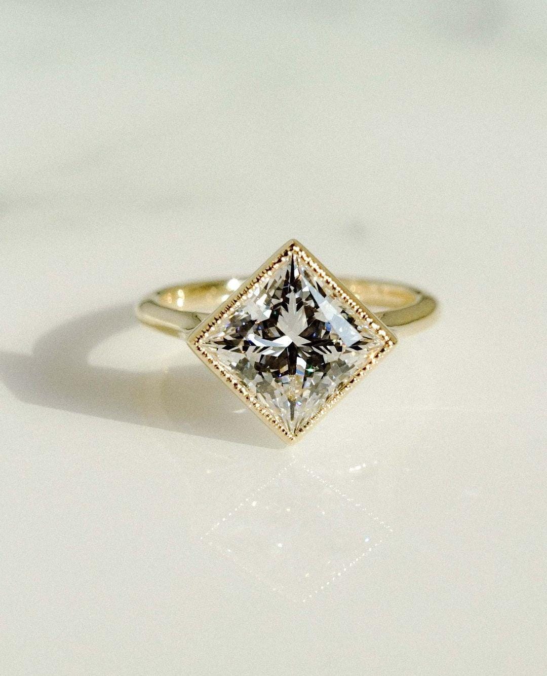 Bezel Set 2.63 Ct Princess Cut Moissanite Engagement Ring, Princess Cut Ring, Square Cut Ring, Bezel Set Ring