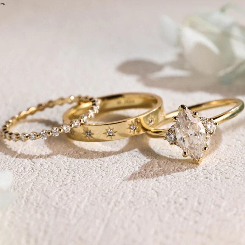 Solid gold marquise cut moissanite wedding ring set art deco classic bridal set with matching band anniversary gift for women/wife