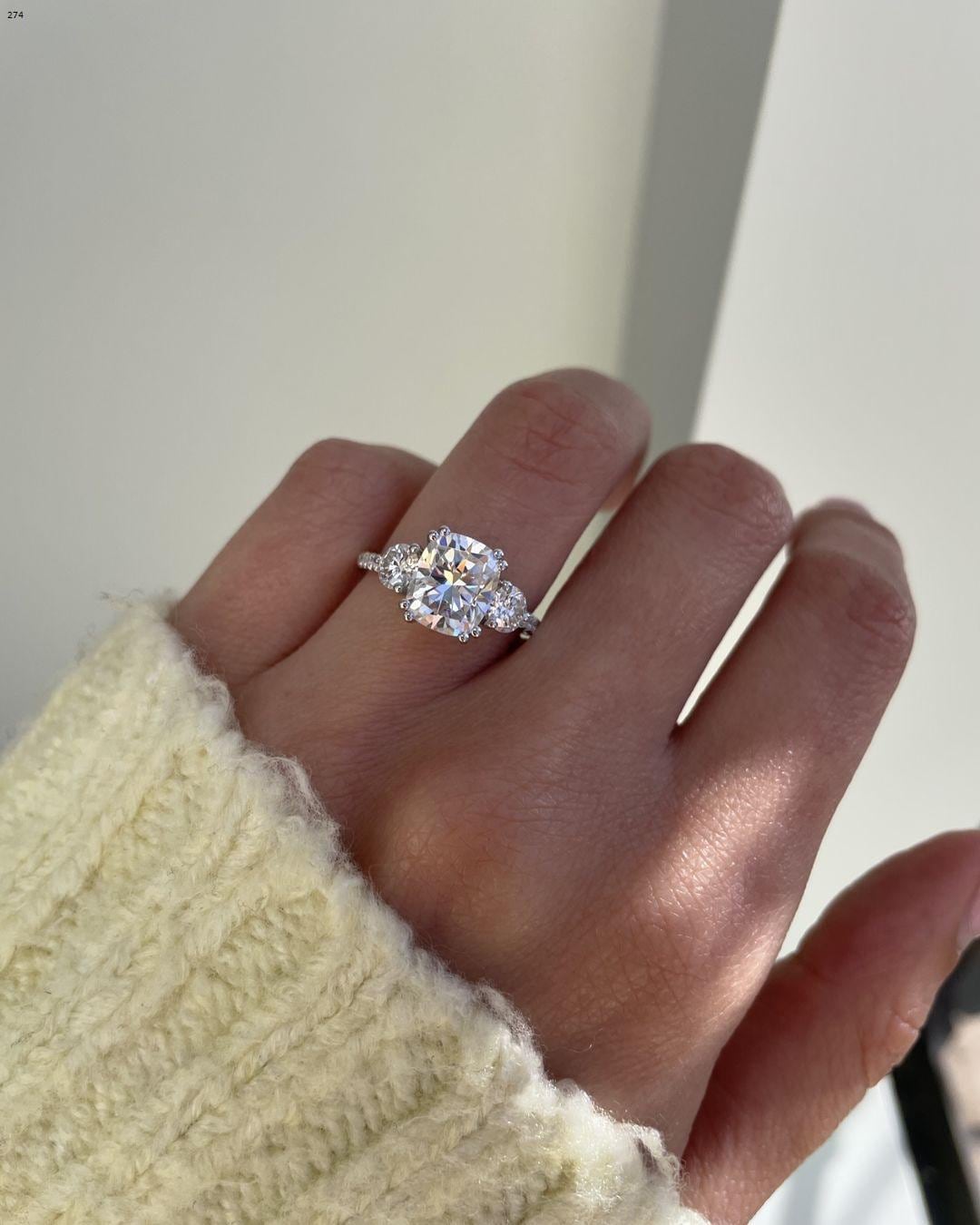 2.55 CT Cushion Cut Moissanite Three Stone Engagement Ring, Side Round Cut, Unique Ring, 14K White Gold Wedding Ring, Anniversary Gift/Ring