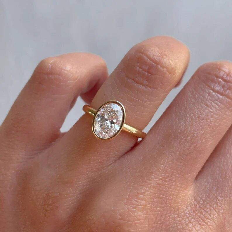 1.5 CT Oval Cut Bezel Set Ring, Unique Tulip-Bezel Setting, Oval Solitaire Ring, 14k Yellow/White/Rose Gold Jewelry, Dainty Bridal Ring, In Trend