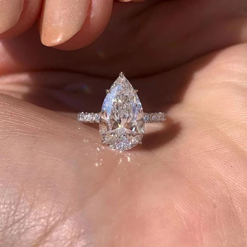 3 CT Pear Cut Moissanite Engagement Ring Anniversary Gift Hidden Halo Ring 14K / 18K White Gold Pave Setting Ring Christmas Gift For Her