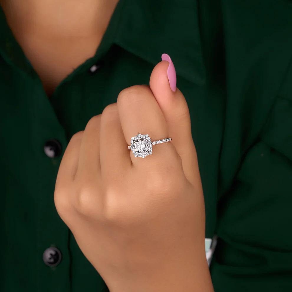 2.54 TCW Cushion Cut Halo Moissanite Ring|14k Solid White Gold|Square Cut Solitaire Wedding Ring|Handmade Halo|Half Eternity|Gifts For Women