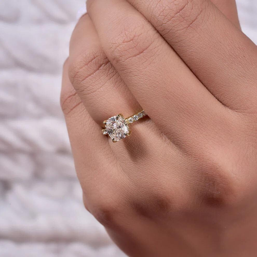 2.40 Ct Cushion Cut Moissanite Engagement Ring, Cushion Cut Ring, Elongated Cushion, Hidden Halo Ring for Her