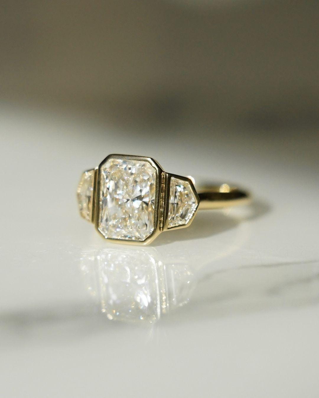 2.50 CT Radiant Cut Moissanite Diamond, Full Bezel Plunge Three Stone, Cadillac side stones, Three stone full bezel setting, Christmas Gift