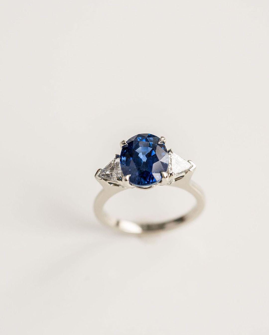 Three Stone Blue Sapphire Oval Cut Engagement Ring, Triangle Moissanite with Sapphire Ring, Moissanite Halo Ring, White Gold Ring
