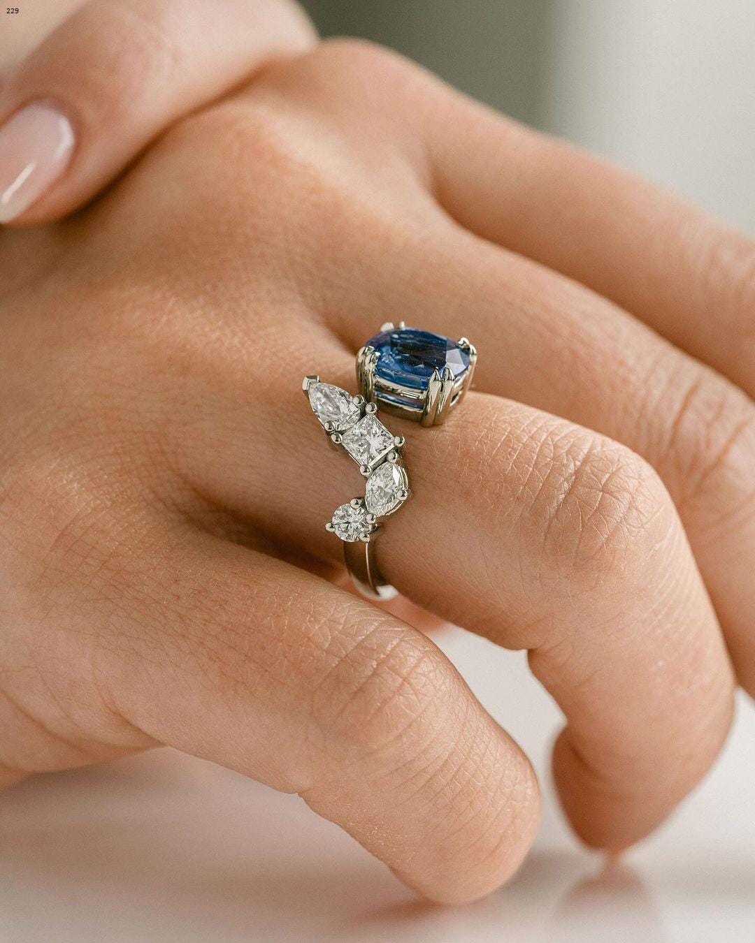 1.50 CT Blue Sapphire Cushion Cut Engagement Ring curved Diamond accents, Moissanite with Sapphire , Moissanite Halo Ring, White Gold Ring