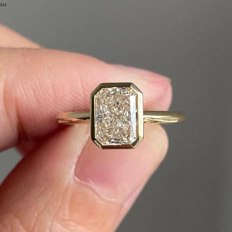 2.48 CT Modern Iced Out Radiant Cut Solitaire,Engagement Ring,14k Solid Yellow Gold,Signature Bezel Set,Wedding Ring,Statement Ring/Gifts