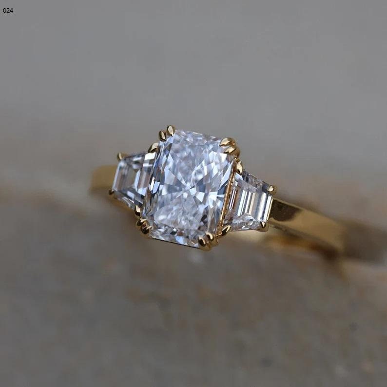 14k Solid Yellow Gold Proposal Ring 1.86 TC Elongated Radiant Cut Trilogy Straight Baguettes Moissanite Ring Double Claw Prongs Trend Setter
