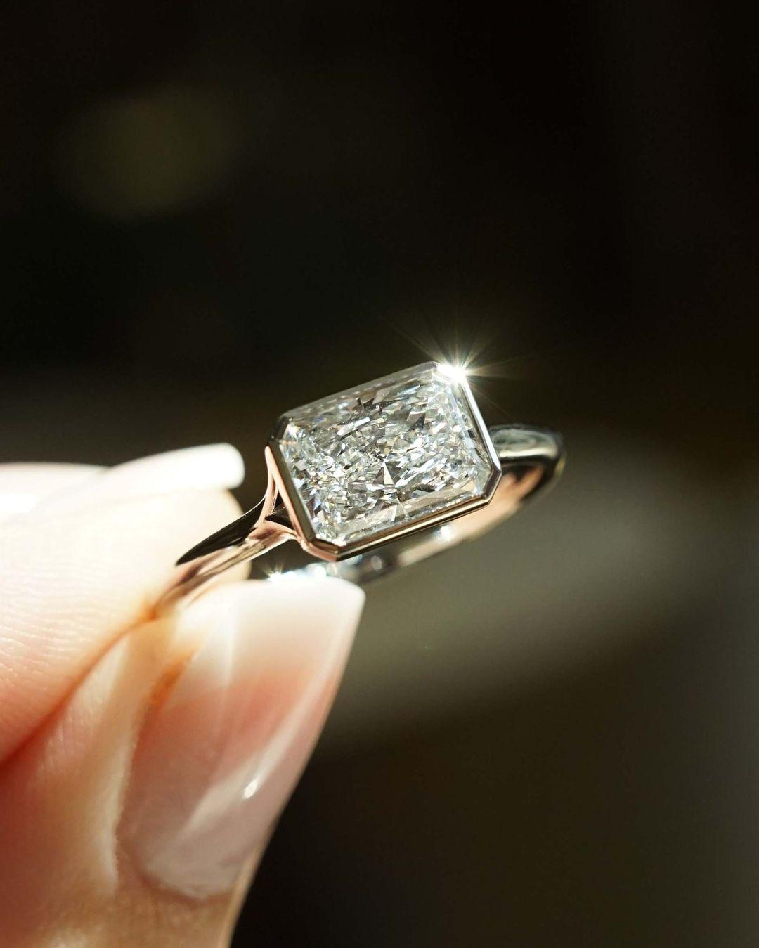 Bezel 2.48 Ct Radiant Cut Moissanite Engagement Ring, Crushed Ice Radiant Cut Ring, Elongated Radiant, Bezel Set Ring